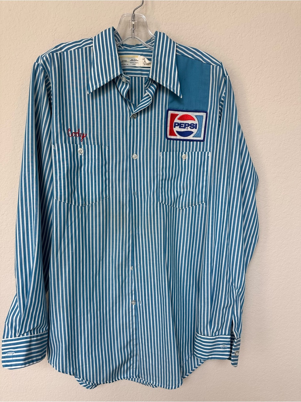 Vintage Pepsi Delivery Driver Striped Shirt Patches Cody 15 1/2 M